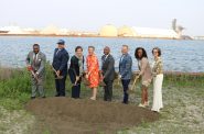 Harbor District Riverwalk groundbreaking on June 10, 2025. From left to right, Lafayette Crump, José G. Pérez, Missy Hughes, Tia Torhorst, Cavalier Johnson, John Koetz, Sharlen P. Moore. Photo by Sophie Bolich.