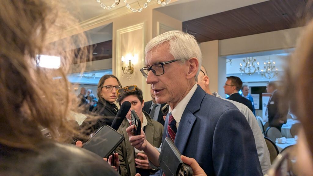 Evers talks to reporters in March 2025. (Photo by Baylor Spears/Wisconsin Examiner. )