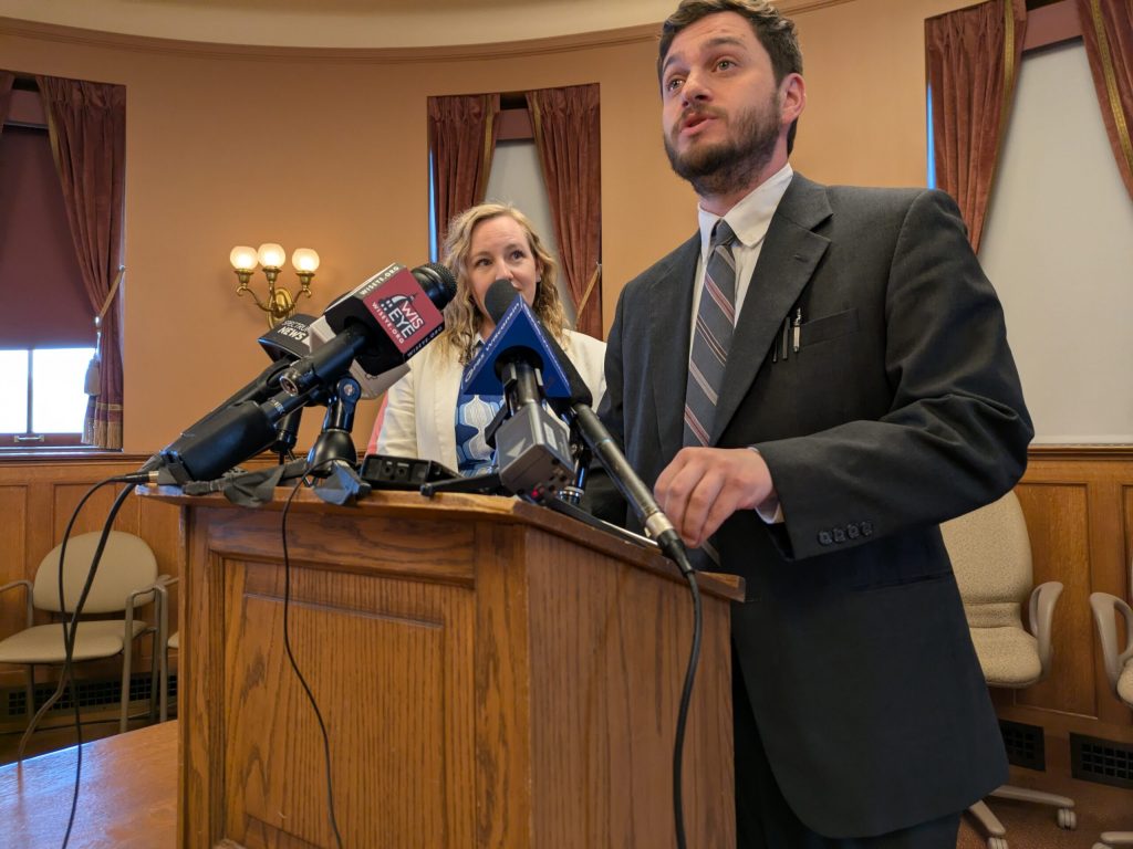 Rep. Tip McGuire, D-Kenosha, and Sen. Kelda Roys, D-Madison, speak to reporters at the Wisconsin Capitol on June 10, 2025. Shawn Johnson/WPR