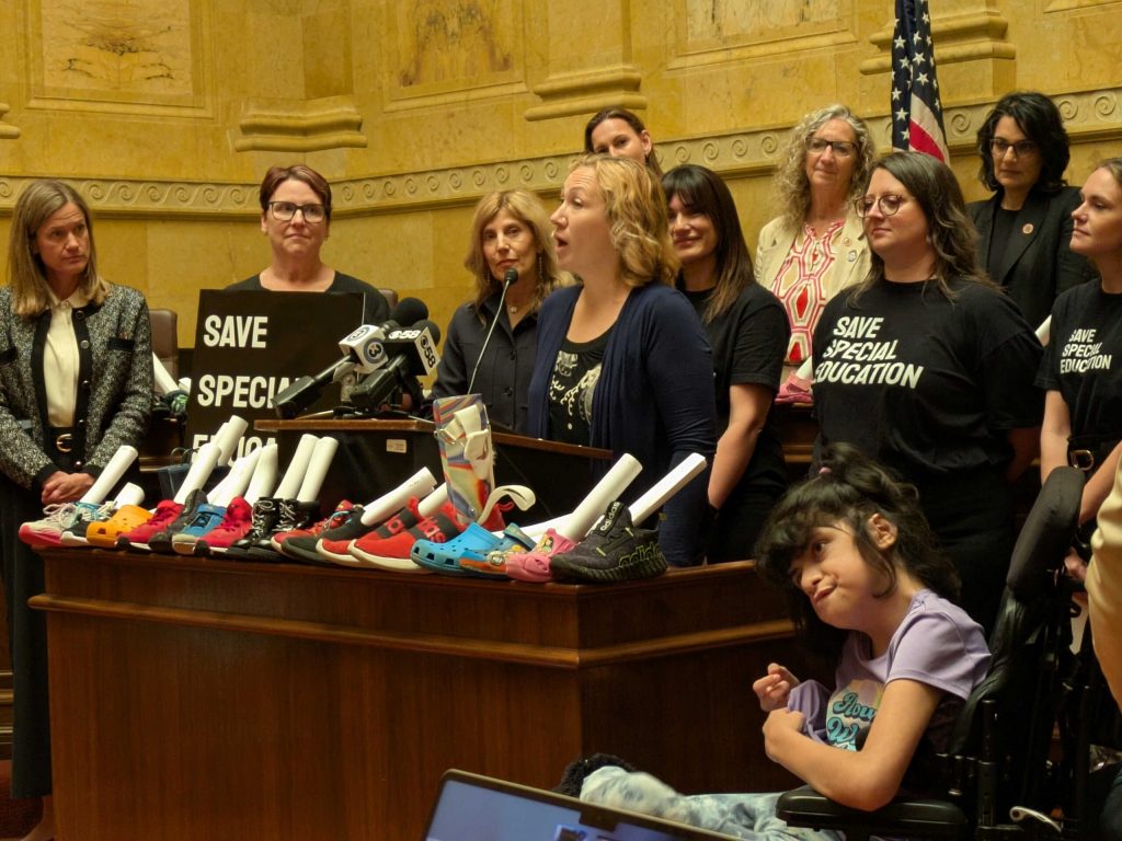 Annette Fournier of Kenosha speaks at a press conference calling for the state to pick up 60 percent of special education costs on June 12, 2025 at the Wisconsin Capitol. Shawn Johnson/WPR