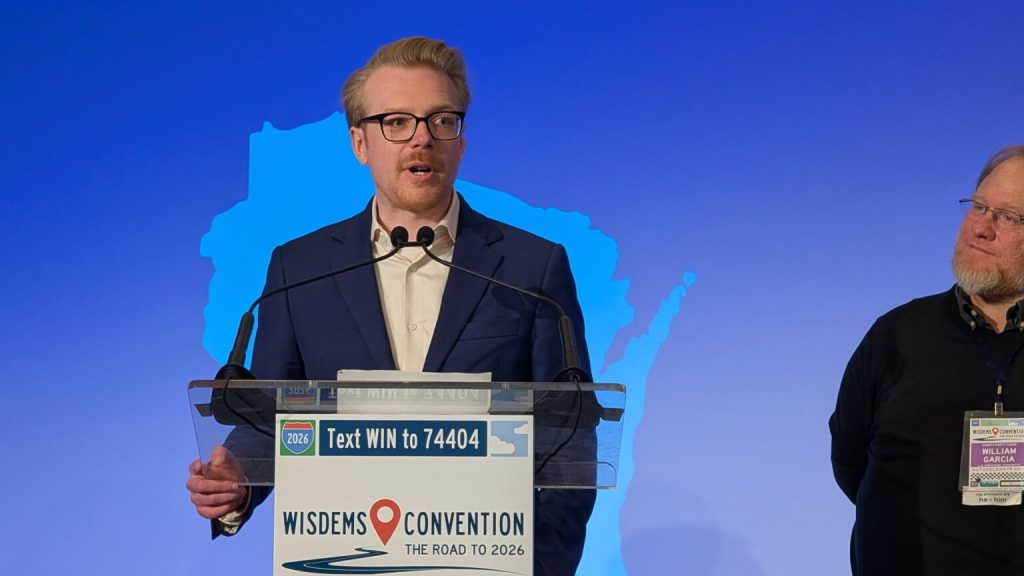 “We’ve got a lot of work to do,” Remiker told the convention after he won. “And I want to figure out how we can all work together to best support Democrats in every corner of this state.” (Photo by Baylor Spears/Wisconsin Examiner)