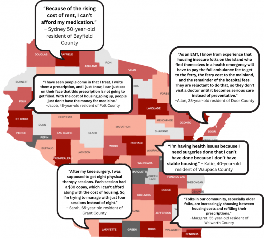 This map shows quotes from Wisconsinites describing how housing financial stress can negatively affect health care. Names and locations have been changed to protect the confidentiality of participants. Graphic Courtesy of UW-Madison-Extension