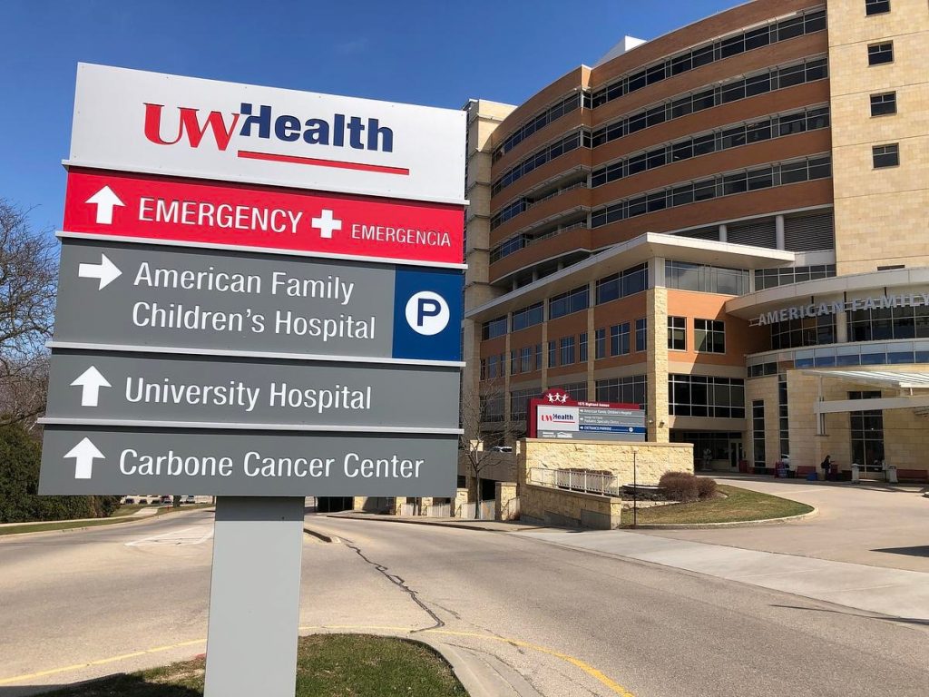 American Family Children's Hospital, part of the UW Health system, is seen in Madison, Wis., on April 1, 2020. (Dee J. Hall / Wisconsin Watch)