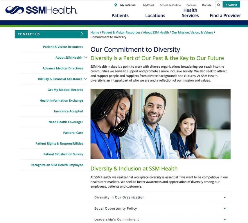 The SSM Health website as seen on March 4, 2025. The title of the page reads: “Our Commitment to Diversity.”