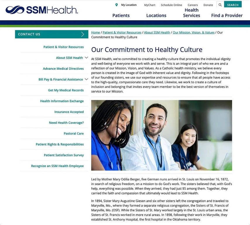 The SSM Health website as seen on April 1, 2025. The title of the page reads: “Our Commitment to Healthy Culture.”