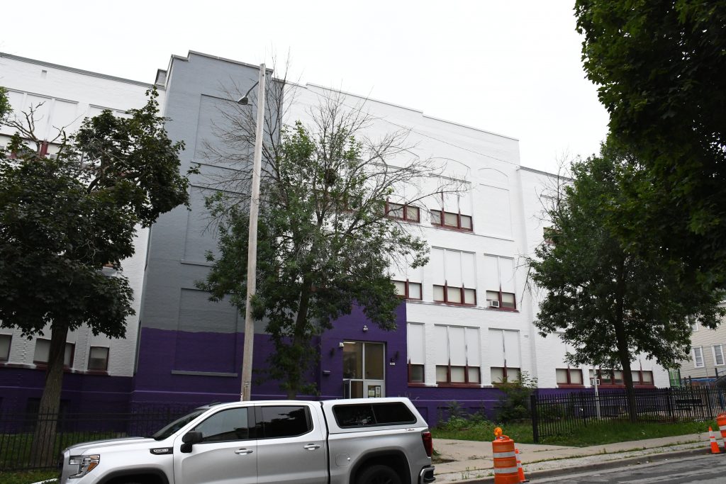 Stellar Elementary, 1431 S. 10th St., being painted. Photo by Jeramey Jannene.