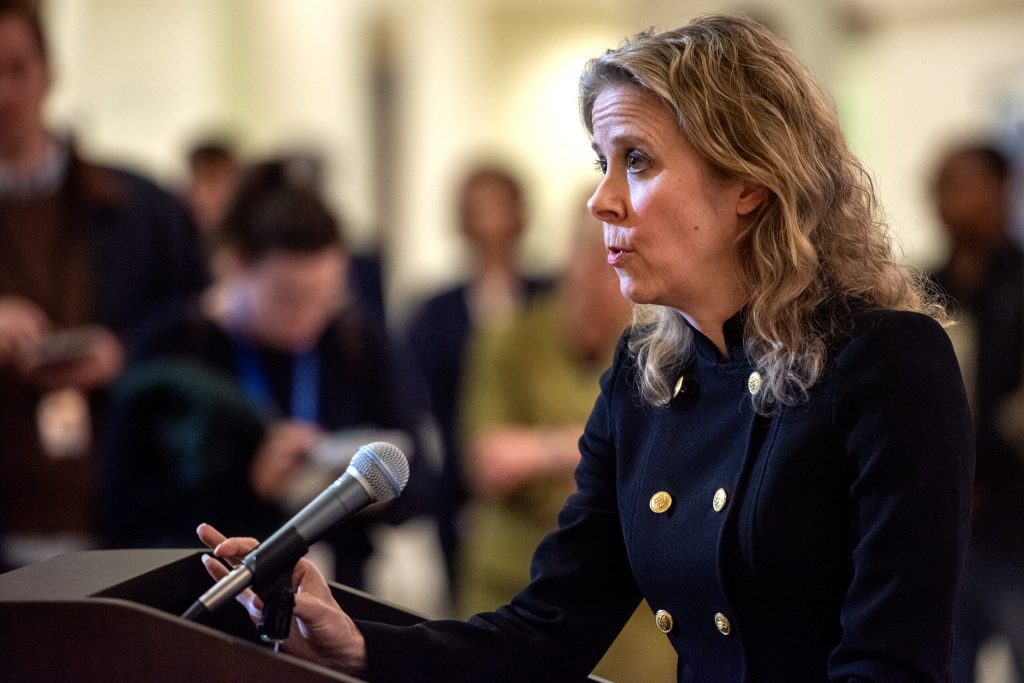 Wisconsin Supreme Court Justice Rebecca Bradley addresses reporters after the debate between Brad Schimel and Susan Crawford on Wednesday, March 12, 2025, at Marquette University in Milwaukee, Wis. Angela Major/WPR