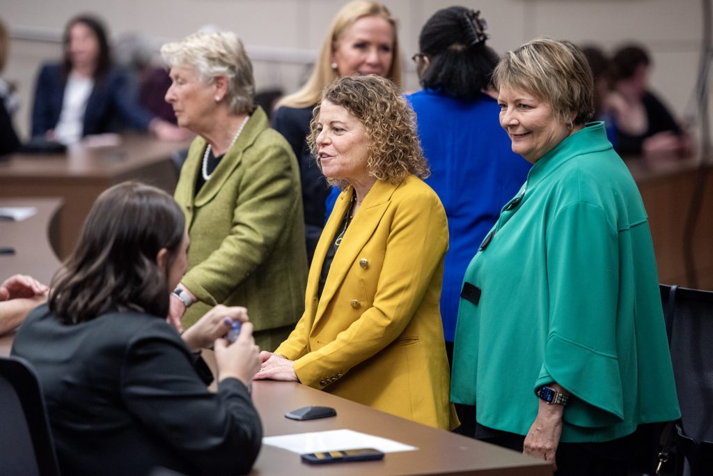 Wisconsin Supreme Court justices Ann Walsh Bradley, Rebecca Dallet, and Janet Protasiewicz chat with debate attendees Wednesday, March 12, 2025, at Marquette University in Milwaukee, Wis. Angela Major/WPR