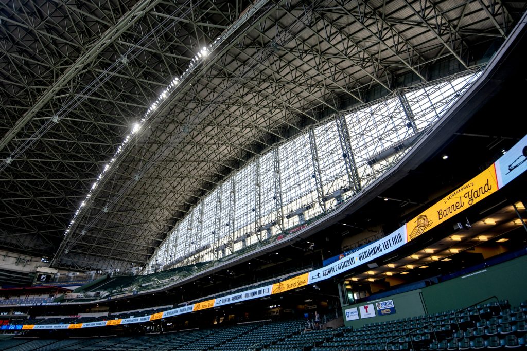 Light shines through the partially closed roof Monday, June 23, 2025, at American Family Field in Milwaukee, Wis. Angela Major/WPR