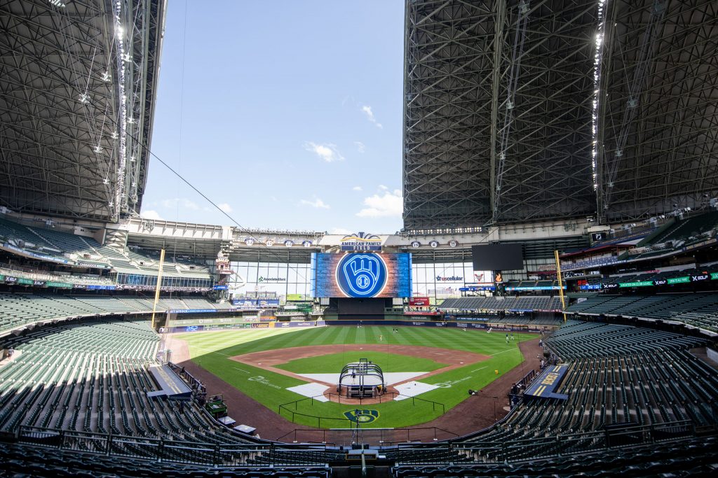 The roof at American Family Field is partially closed to provide shade after a graduation Monday, June 23, 2025, in Milwaukee, Wis. Angela Major/WPR