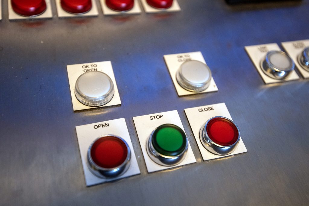 The controls that open and close the American Family Field roof Monday, June 23, 2025, in Milwaukee, Wis. Angela Major/WPR