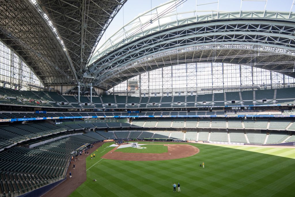 Shade is cast over American Family Field by the partially closed roof Monday, June 23, 2025, in Milwaukee, Wis. Angela Major/WPR