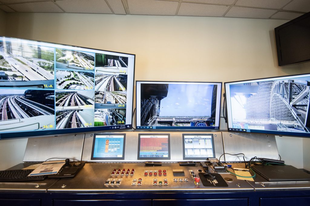 Controls that open and close the roof along with camera views of relevant areas Monday, June 23, 2025, at American Family Field in Milwaukee, Wis. Angela Major/WPR