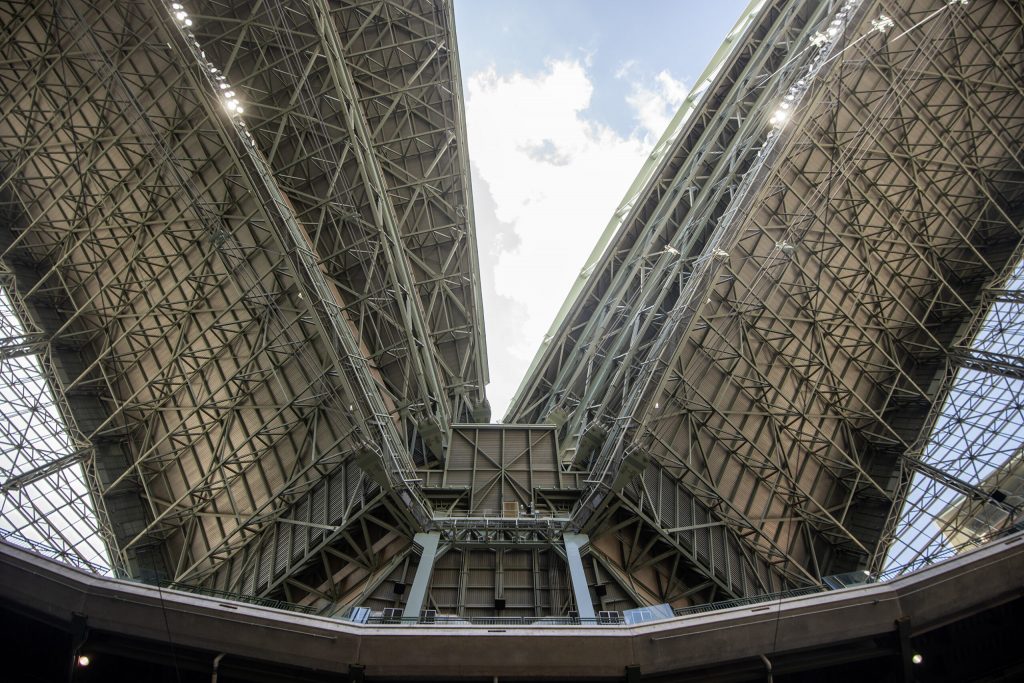 The roof is partially closed Monday, June 23, 2025, at American Family Field in Milwaukee, Wis. Angela Major/WPR