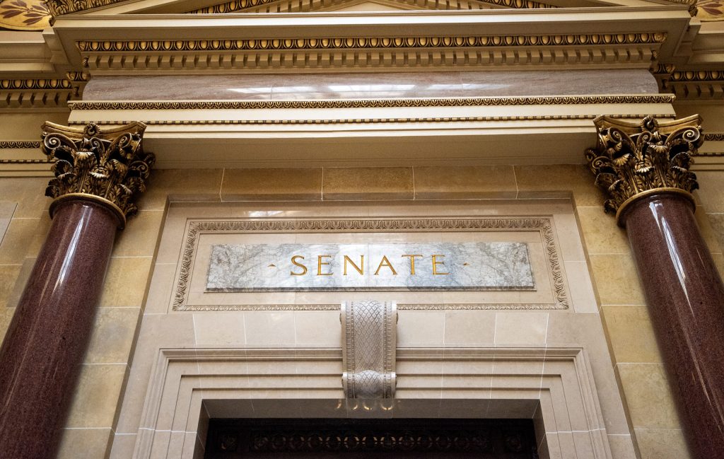 The door to the Wisconsin State Senate on Monday, July 14, 2025, at the Wisconsin State Capitol in Madison, Wis. Angela Major/WPR