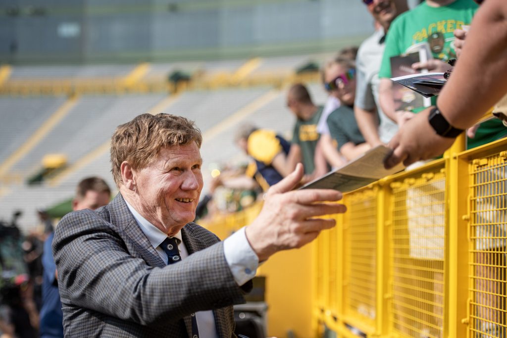 Outgoing Green Bay Packers President and CEO Mark Murphy greets shareholders after the Green Bay Packers Annual Meeting of Shareholders on Friday, July 25, 2025, at Lambeau Field in Green Bay, Wis. Angela Major/WPR