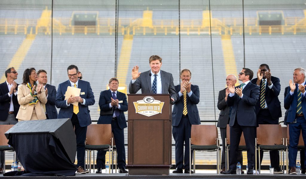 Green Bay Packers President and CEO Mark Murphy is celebrated during the team’s annual meeting of shareholders Friday, July 25, 2025, at Lambeau Field in Green Bay, Wis. Angela Major/WPR