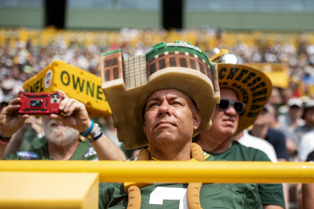 Shareholders and fans sit in the stands during the Green Bay Packers Annual Meeting of Shareholders on Friday, July 25, 2025, at Lambeau Field in Green Bay, Wis. Angela Major/WPR