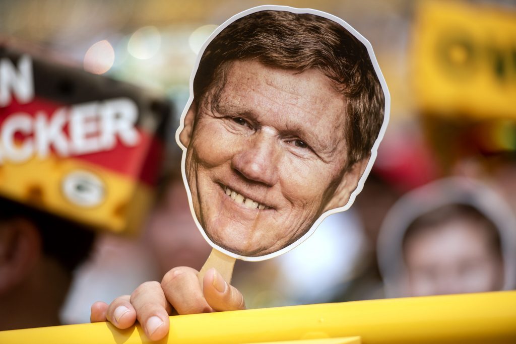A supporter holds a cutout out Green Bay President and CEO Mark Murphy during the Green Bay Packers Annual Meeting of Shareholders on Friday, July 25, 2025, at Lambeau Field in Green Bay, Wis. Angela Major/WPR