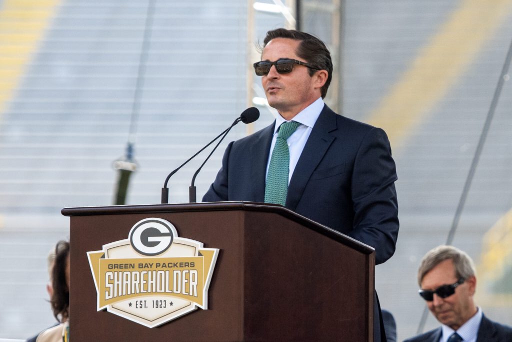 Incoming Green Bay Packers President and CEO Ed Policy speaks during the Green Bay Packers Annual Meeting of Shareholders on Friday, July 25, 2025, at Lambeau Field in Green Bay, Wis. Angela Major/WPR