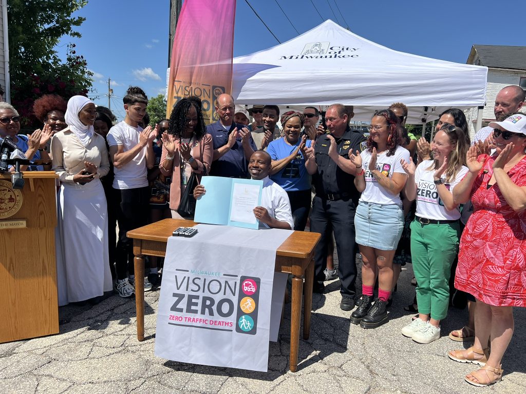 Mayor Cavalier Johnson signs Vision Zero action plan. Photo by Jeramey Jannene.