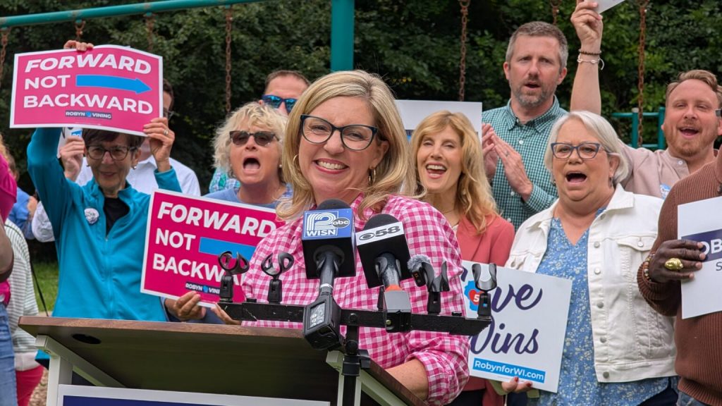 At the location of the future Moss Universal Park, surrounded by about 50 people, including Democratic lawmakers and community members, Vining focused her remarks on creating a world where everyone can thrive. (Photo by Baylor Spears/Wisconsin Examiner)