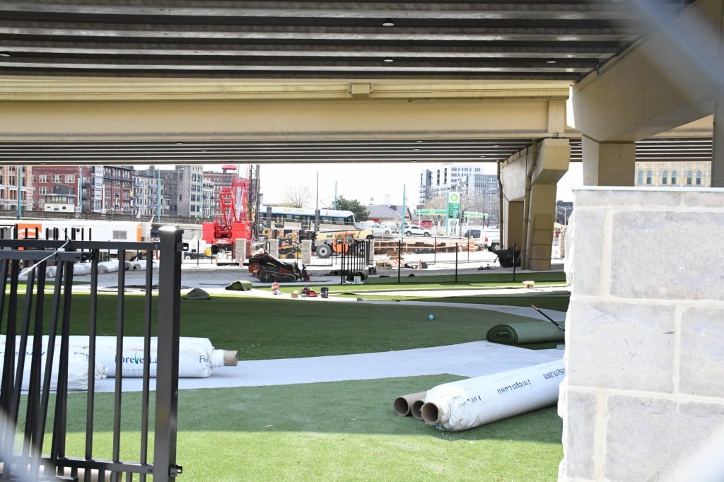 April 2025 construction progress at Downtown Milwaukee Dog Park. Photo by Jeramey Jannene.
