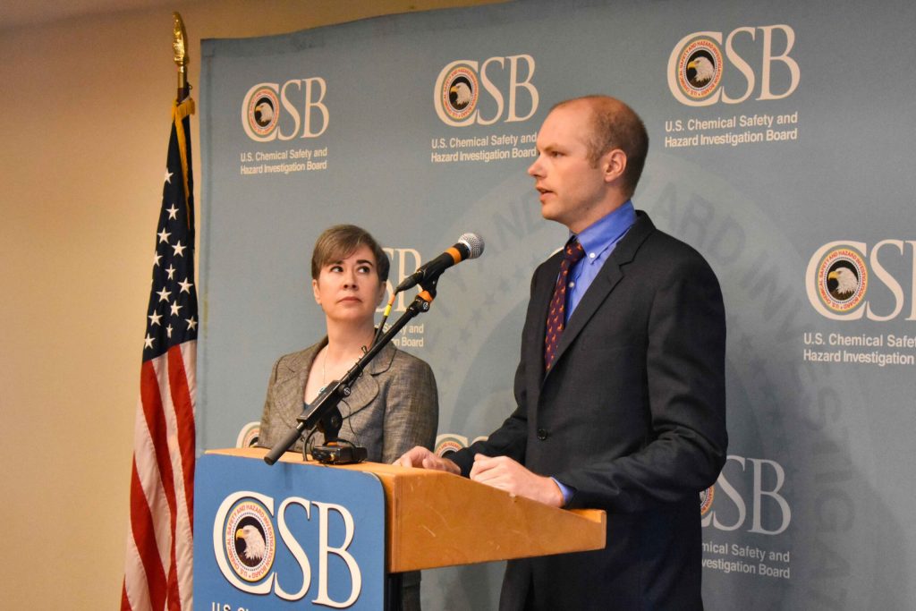 Investigators and staff with the U.S. Chemical Safety and Hazard Mitigation Board provide an update on the Superior refinery explosion in August of 2018. Elle McMahon/WPR