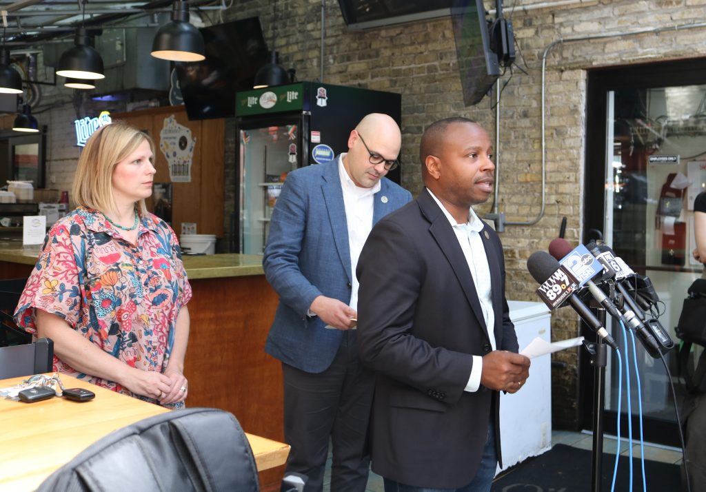 Mayor Cavalier Johnson speaks about historic flooding during an Aug. 13 press conference at O'Lydia's Bar and Grill. Photo by Sophie Bolich.