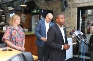 Mayor Cavalier Johnson speaks about historic flooding during an Aug. 13 press conference at O'Lydia's Bar and Grill. Photo by Sophie Bolich.