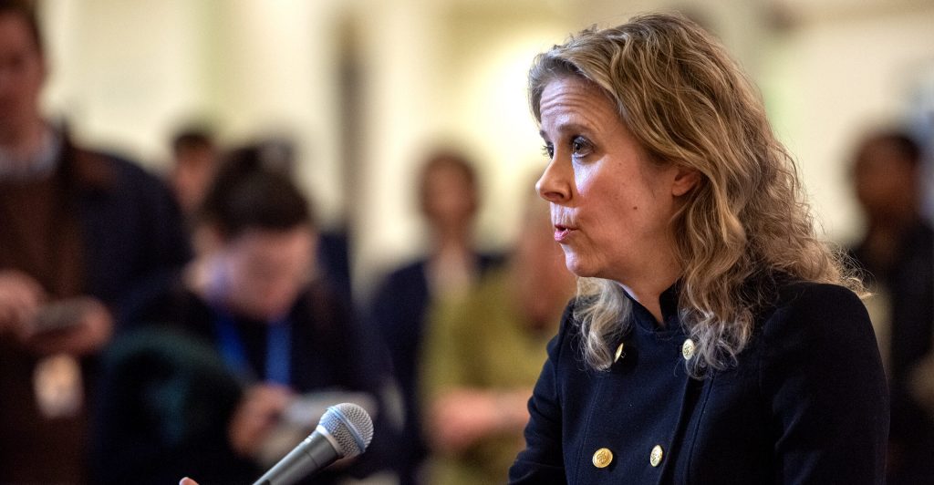 Wisconsin Supreme Court Justice Rebecca Bradley addresses reporters after the debate between Brad Schimel and Susan Crawford on Wednesday, March 12, 2025, at Marquette University in Milwaukee, Wis. Angela Major/WPR