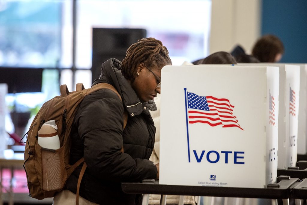 Madison residents fill out ballots Tuesday, April 1, 2025, at the Madison Senior Center in Madison, Wis. Angela Major/WPR