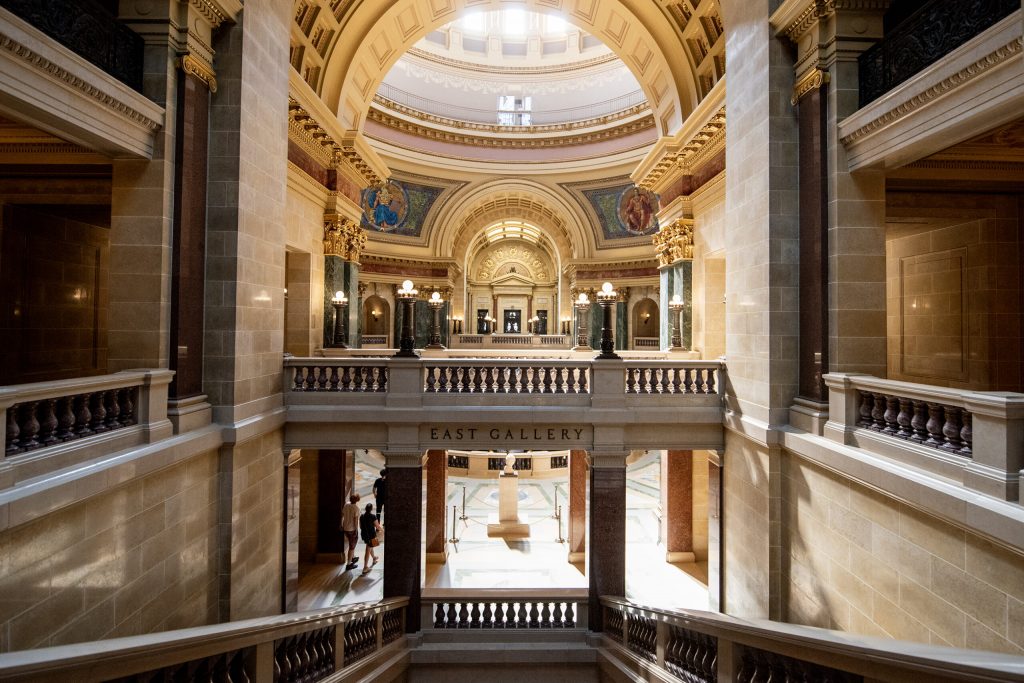 Light shines through windows inside the Wisconsin State Capitol on Monday, July 14, 2025, in Madison, Wis. Angela Major/WPR