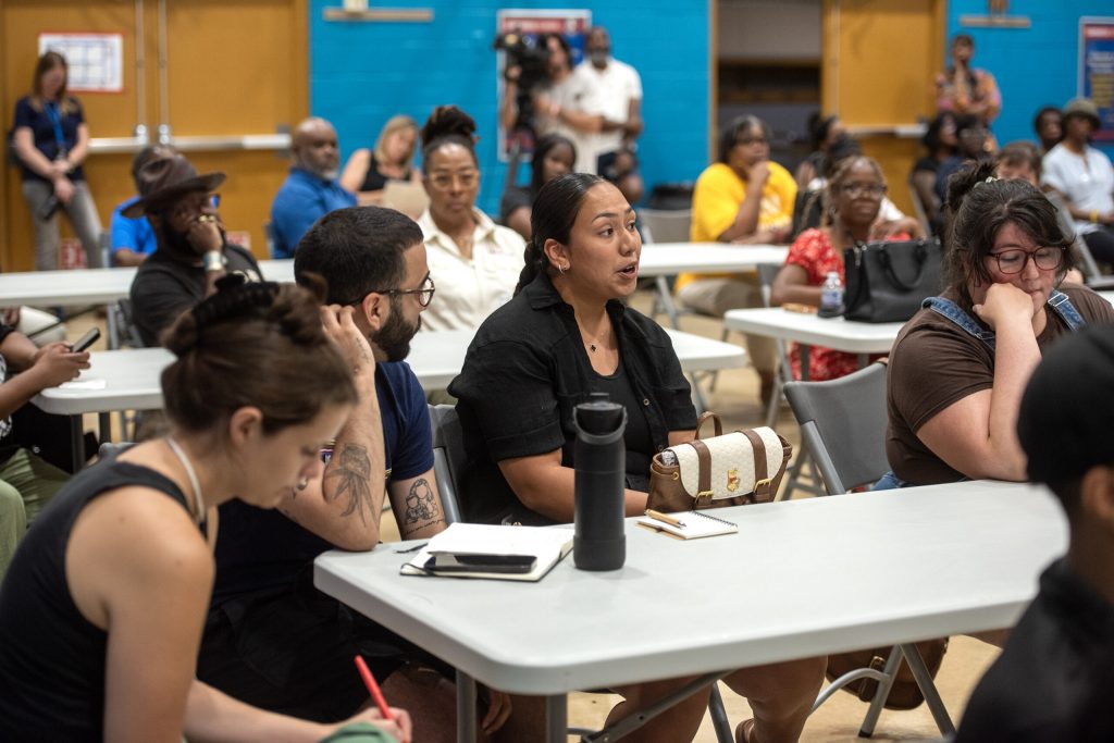 Listening session attendees give feedback and ask questions of Milwaukee Public Schools Superintendent Brenda Cassellius on Monday, July 28, 2025, at Congress School in Milwaukee, Wis. Angela Major/WPR