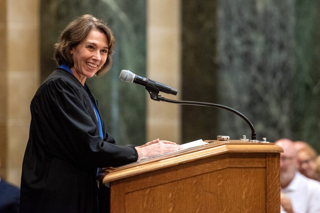 Wisconsin Supreme Court Justice Susan Crawford speaks during her investiture Friday, Aug. 1, 2025, at the Wisconsin State Capitol in Madison, Wis. Angela Major/WPR