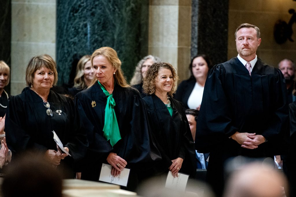 From left, Wisconsin Supreme Court Justices Janet Protasiewicz, Annette Ziegler, Rebecca Dallet, and Brian Hagedorn attend Susan Crawford’s investiture Friday, Aug. 1, 2025, at the Wisconsin State Capitol in Madison, Wis. Angela Major/WPR