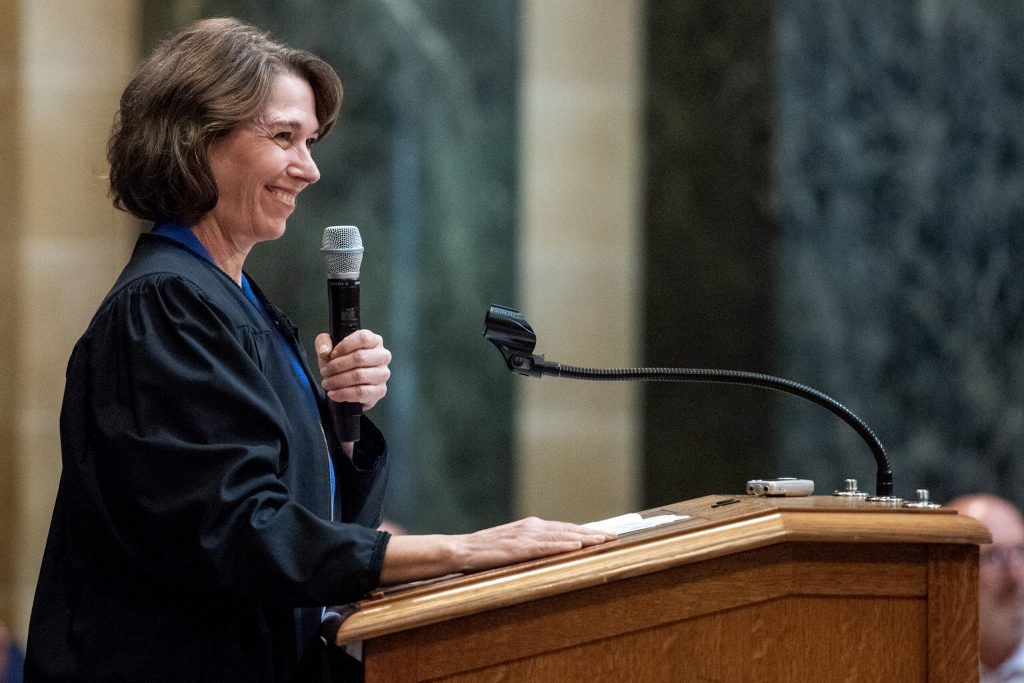 Justice Susan Crawford speaks at her investiture Friday, Aug. 1, 2025, at the Wisconsin State Capitol in Madison, Wis. Angela Major/WPR
