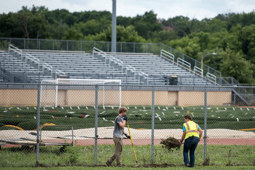 Cleanup is ongoing at Hart Park where a football field was damaged Tuesday, Aug. 12, 2025, in Wauwatosa, Wis. Angela Major/WPR