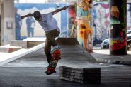 Dylan Shanahan skateboards Wednesday, Aug. 13, 2025, at National DIY Skatepark in Milwaukee, Wis. Angela Major/WPR