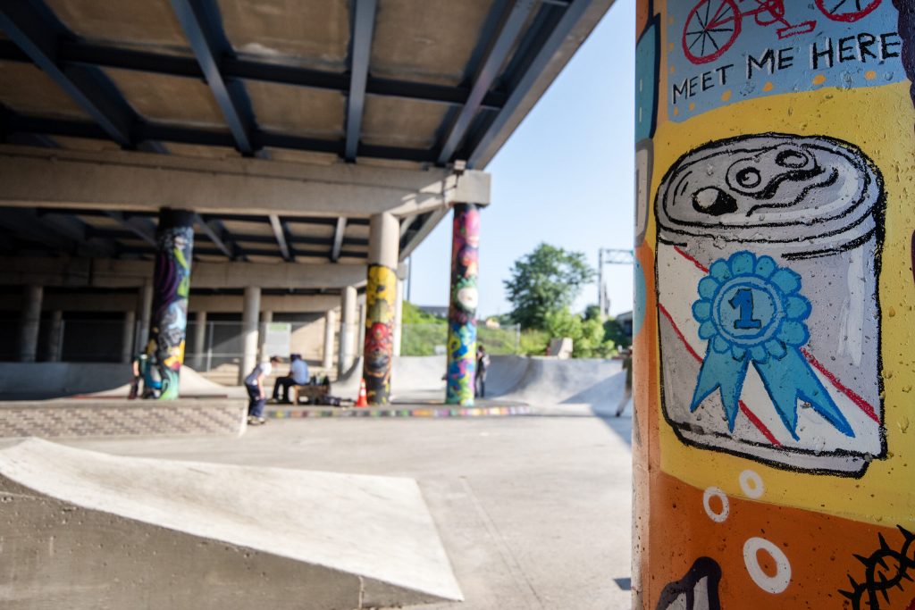 Artwork surrounds the equipment at National DIY Skatepark on Wednesday, Aug. 13, 2025, in Milwaukee, Wis. Angela Major/WPR