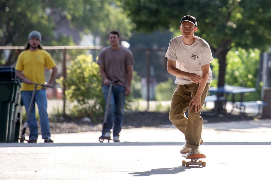 Dylan Shanahan skateboards at National DIY Skatepark on Wednesday, Aug. 13, 2025, in Milwaukee, Wis. Angela Major/WPR