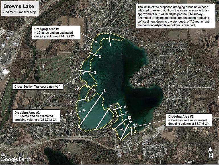 An image from the Browns Lake Preliminary Permit shows the proposed dredging areas for the lake. (Source: https://www.brownslakesanitarydistrict.com/)