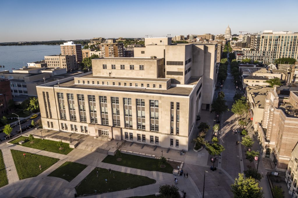 The Memorial Library at the University of Wisconsin–Madison is photographed by a drone on June 10, 2024. Photo by Bryce Richter / UW–Madison