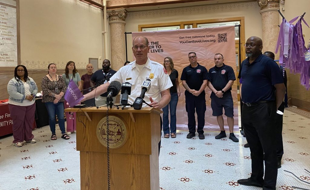 Milwaukee Fire Chief speaks at press conference on Monday, August 25, 2025 in Milwaukee, Wis. Steph Conquest-Ware/WPR