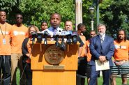 Mayor Cavalier Johnson discusses steps to reduce downtown violence at an Aug. 8 press conference. Photo by Sophie Bolich.