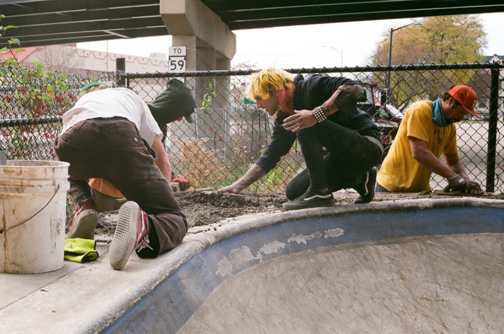 Volunteers work to construct the National DIY Skatepark, underneath a freeway in Milwaukee’s Walker’s Point neighborhood. Photo courtesy of Dylan Shanahan