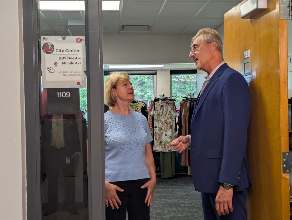 Principal Mathew Thompson said the “City Center” houses school social workers and provides resources to students who need it, including a washer and dryer and an area for personal care. (Photo by Baylor Spears/ Wisconsin Examiner)