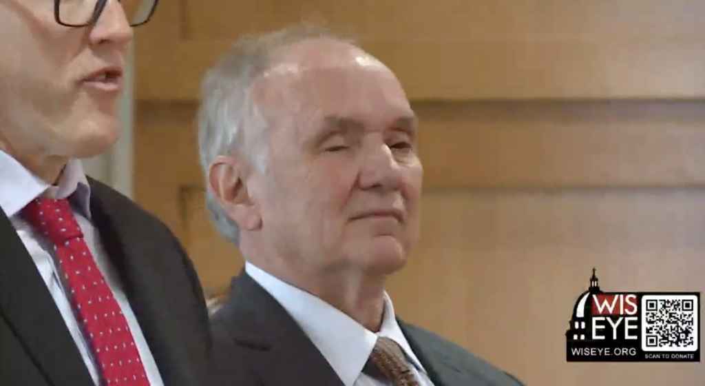 Former Dane County Judge James Troupis appears in court on Dec. 12. He faces felony forgery charges for his role in developing the 2020 false elector scheme to overturn the election results for Donald Trump. (Screenshot | WisEye)