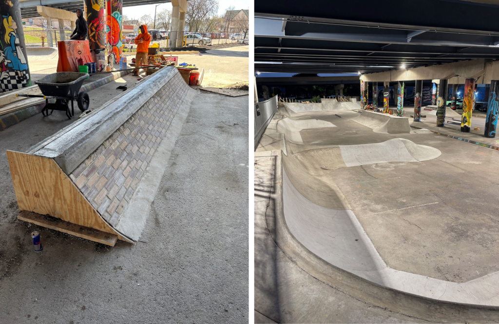 National DIY Skatepark, under construction during the day, left, and after the installation of new lights at night, right. Photo courtesy of Dylan Shanahan