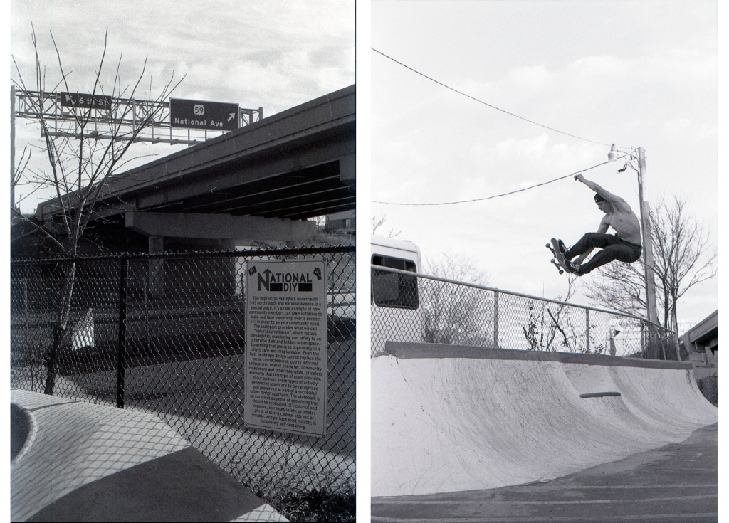 Left: The western edge of the National DIY Skatepark in Milwaukee’s Walker’s Point Neighborhood. Right: A skater makes use of the park. Photos courtesy of Dylan Shanahan